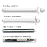 Réglette LED étanche Tri-Proof 1200mm 36W - luminaire et module LED, face avant et arrière