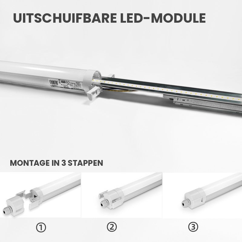 Réglette LED étanche Tri-Proof 1200mm 36W - module LED coulissant et montage en 3 étapes