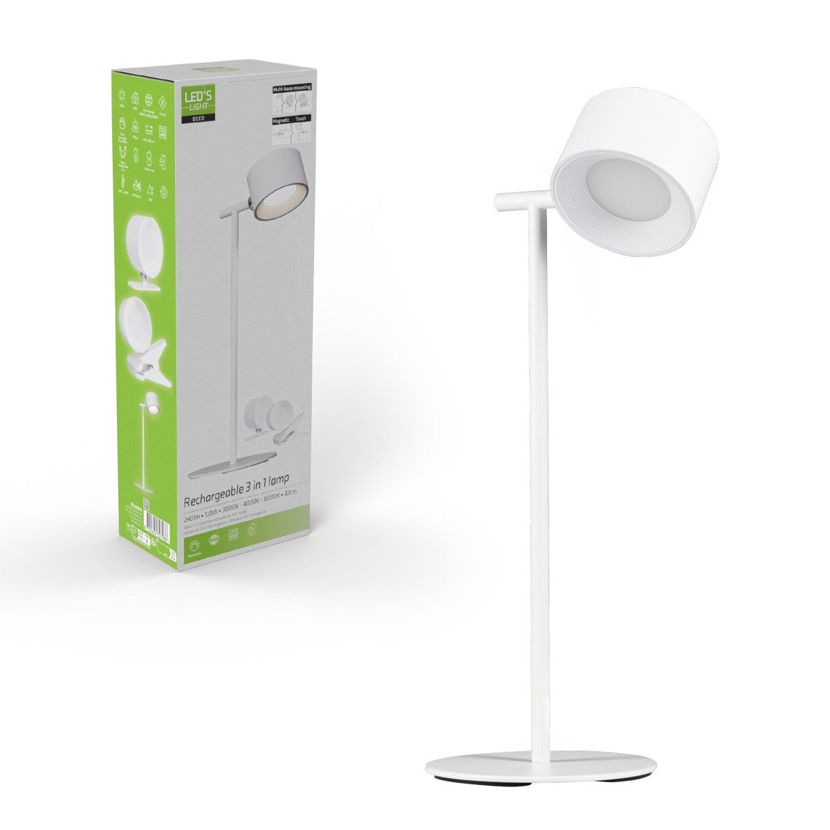 LED Oplaadbare tafellamp 240 lumen - 7.4W - Warmwit 3000K / Koelwit 4000K / Daglichtwit 6000K - 3-in-1 met magnetische beugel