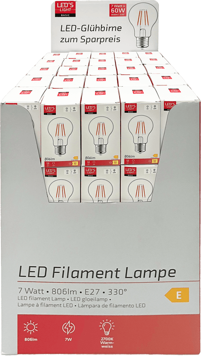 Ampoule à filament LED E27 - 806 lumens - 7W - Blanc chaud 2700K - A60 - Verre transparent