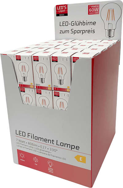 Ampoule à filament LED E27 - 806 lumens - 7W - Blanc chaud 2700K - A60 - Verre transparent