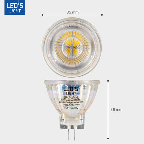 Spot LED 345 lumens - 4,5W - Blanc chaud 2700K - GU4 - MR11 - 12V DC - À intensité variable - Remplace 35W halogène - IRC 90