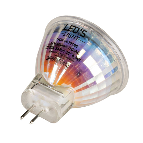 Spot LED 345 lumens - 4,5W - Blanc chaud 2700K - GU4 - MR11 - 12V DC - À intensité variable - Remplace 35W halogène - IRC 90