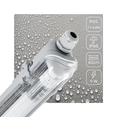 Luminaire LED pour tube fluorescent 1125 lumen - 9W - Blanc lumière du jour 6500K - 60cm - IP65 étanche - EasyClick - complet avec tube
