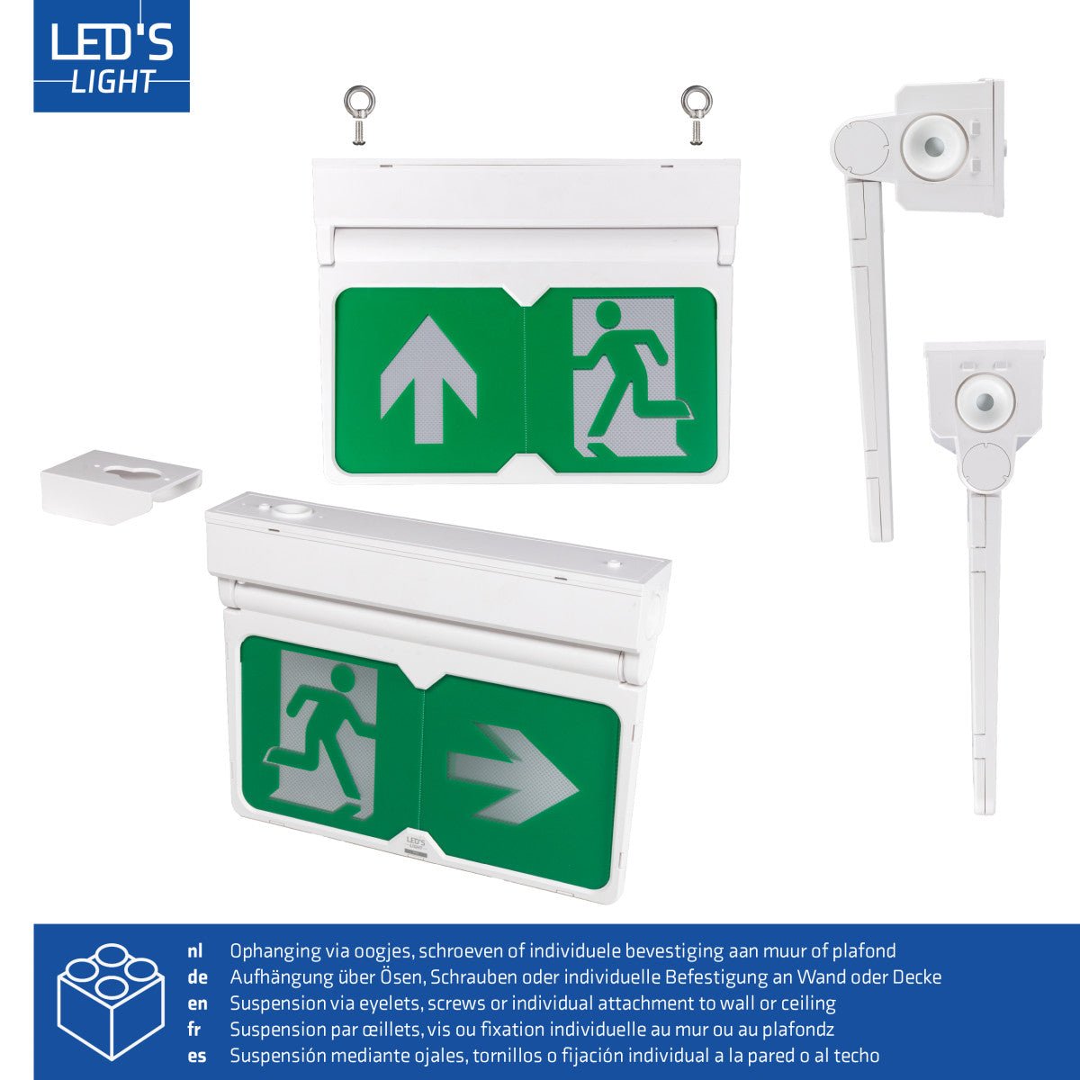 LED Nooduitgang bord - Draadloos op Accu - 8 uur werktijd - IP54 - Draaibare pijl - 20m zichtbaar