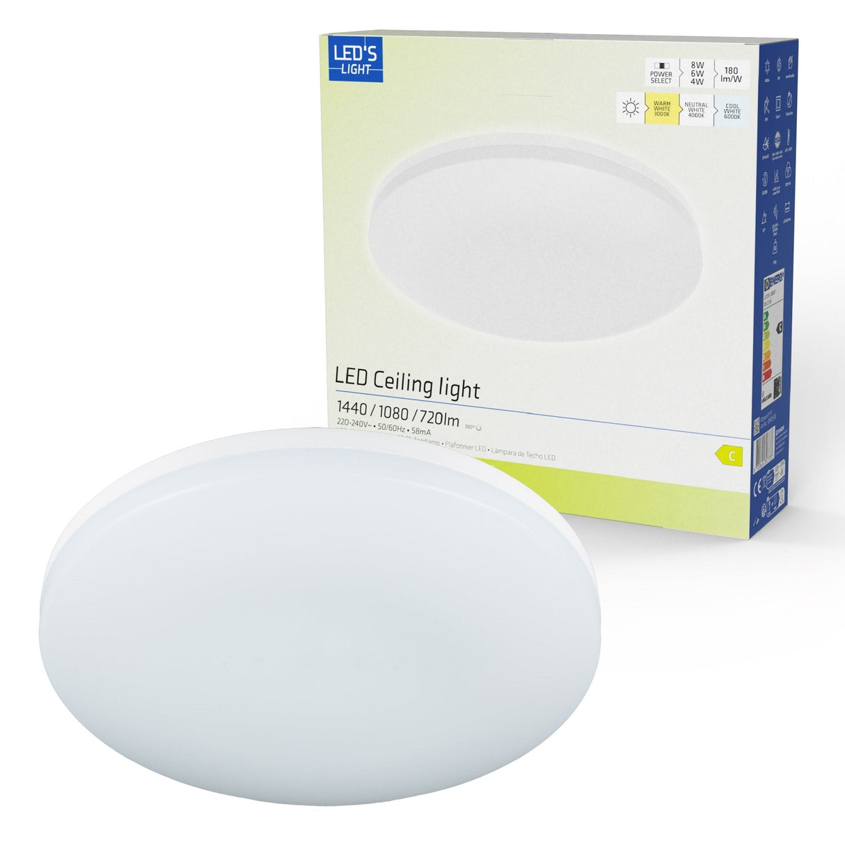 LED Plafondarmatuur 1440 lumen - 8W - 3 lichtkleuren - IP54 Waterdicht - 6 lichtstanden