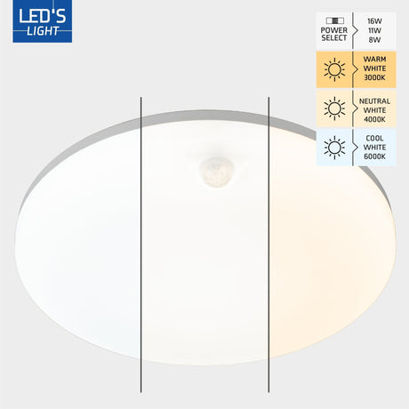 Plafonnier LED 2880 lumens – 16 W – Blanc chaud 3000 K, blanc froid 4000 K, blanc lumière du jour 6000 K – Capteur PIR – IP54 – Ø 30 cm