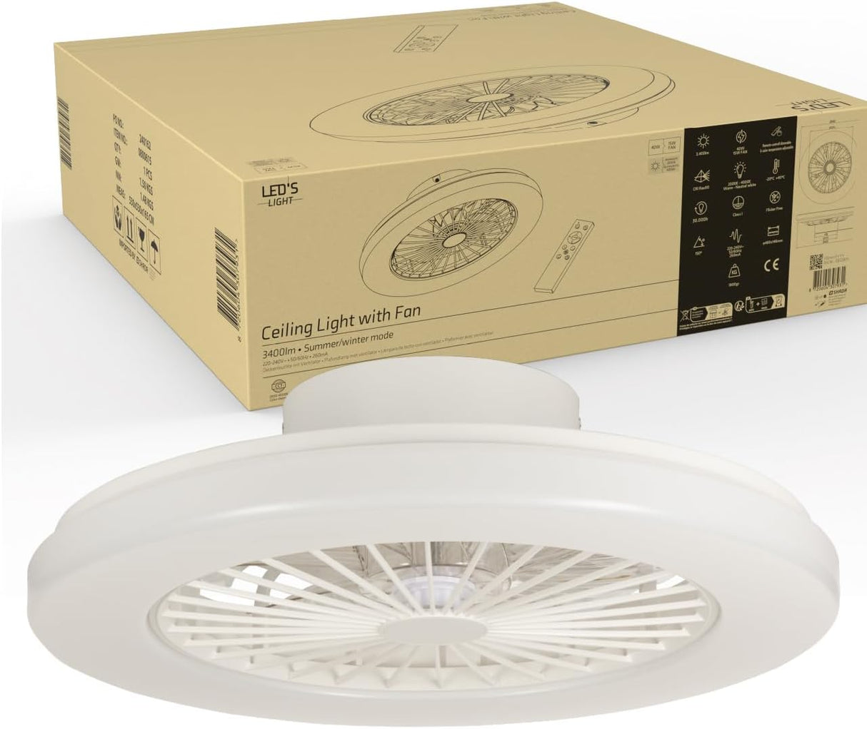 LED plafondventilator 3400 lumen - 55W - instelbaar 2000K-4000K - afstandsbediening - 48cm - wit