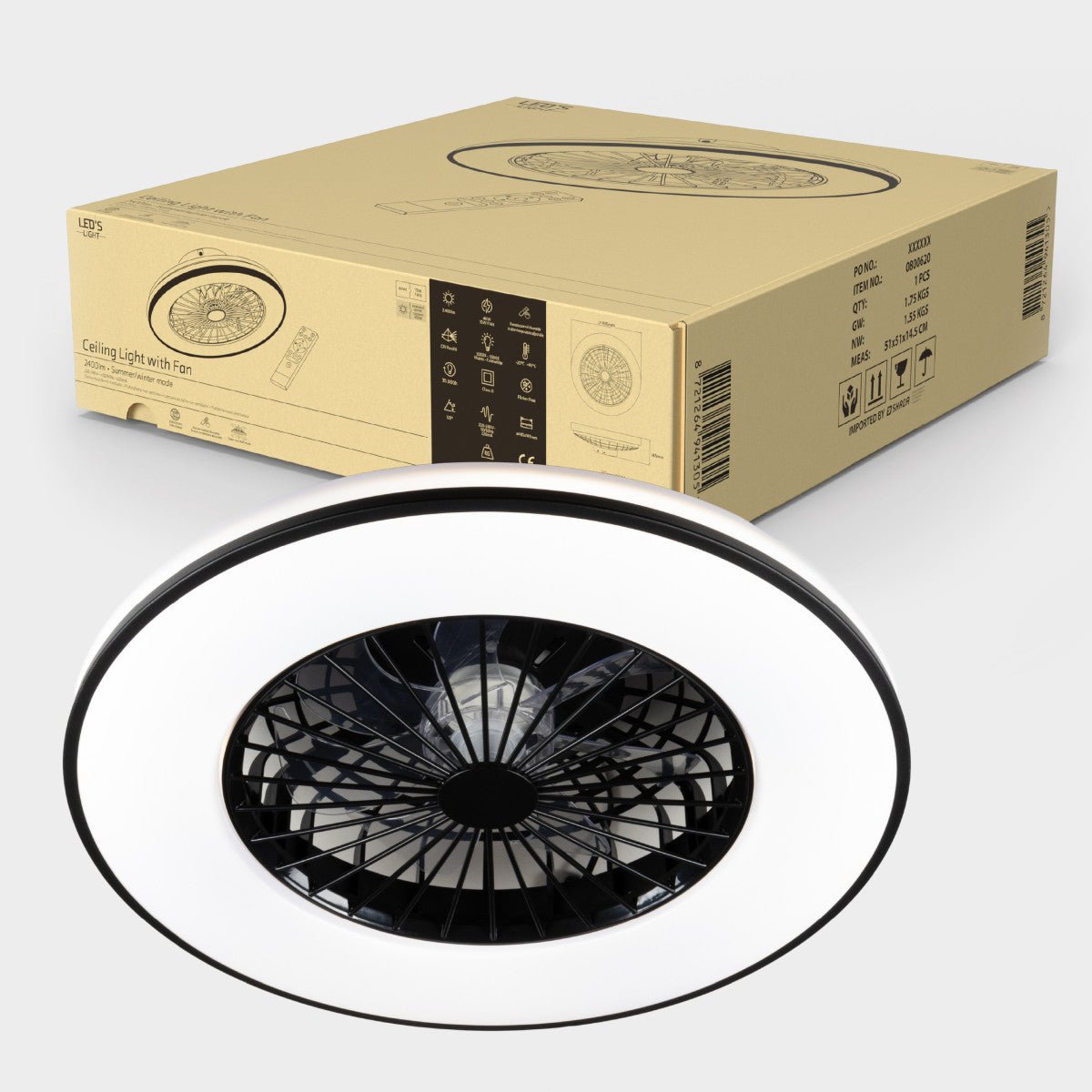 LED Plafondlamp met Ventilator 2400 Lumen - 48W - 3000K-6500K - Dimbaar - Afstandsbediening - Zwart/Wit - 48.5cm