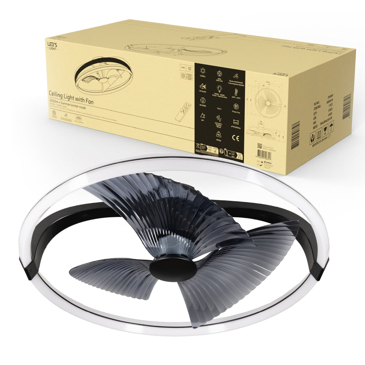 LED plafondventilator XL 4300 lumen - 40W - extra warmwit 2000K / koelwit 4000K - afstandsbediening - 74cm - zwart