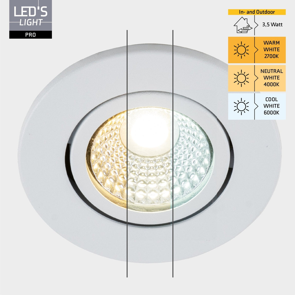 LED Inbouwspot 400 lumen - 3.5W - Warmwit 2700K / Koelwit 4000K / Daglichtwit 6000K - IP65 - Dimbaar - Wit - 3 stuks
