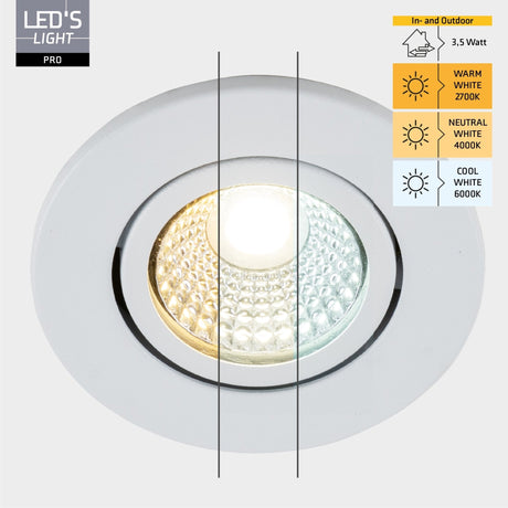 LED Inbouwspot 400 lumen - 3.5W - Warmwit 2700K / Koelwit 4000K / Daglichtwit 6000K - IP65 - Dimbaar - Wit - 3 stuks