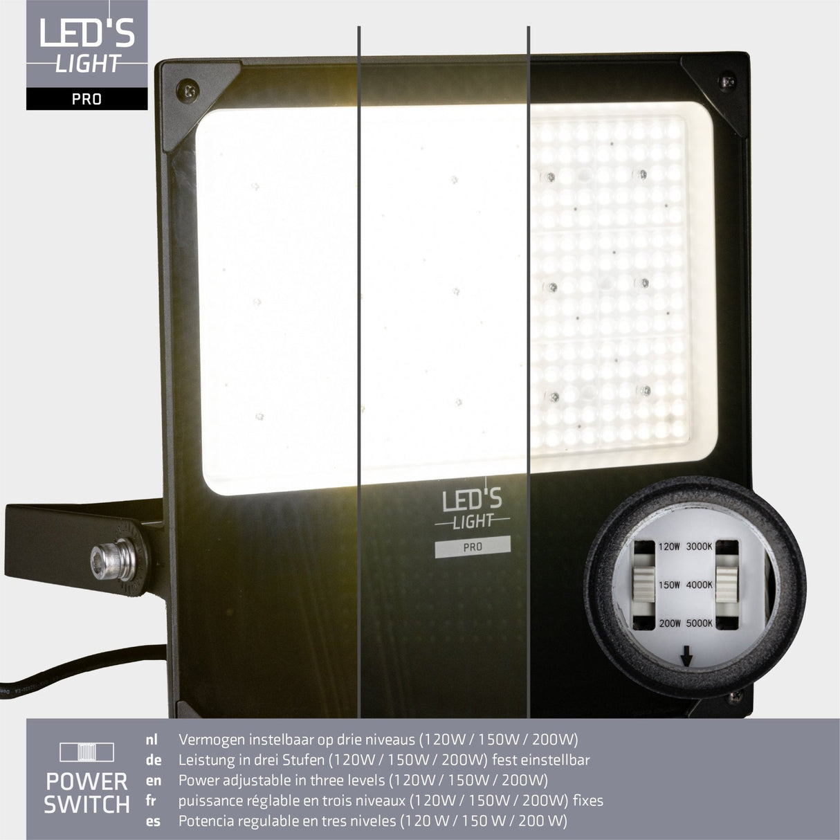 LED Schijnwerper 26500 lumen - 200W - Verstelbaar 3000K-4000K-5000K - Powerselector 120W-150W-200W - IP66 Waterdicht - IK08 Slagvast - Asymmetrisch