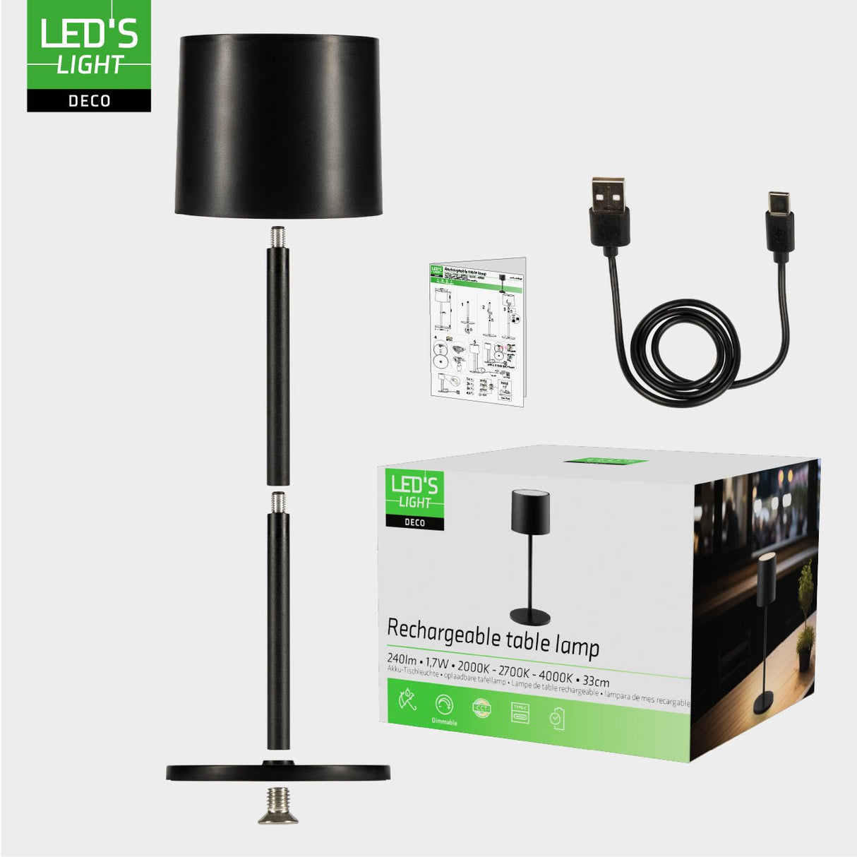 Tafellamp op accu - oplaadbaar en draadloos - voor binnen en buiten - 3 kleuren licht - Zwart