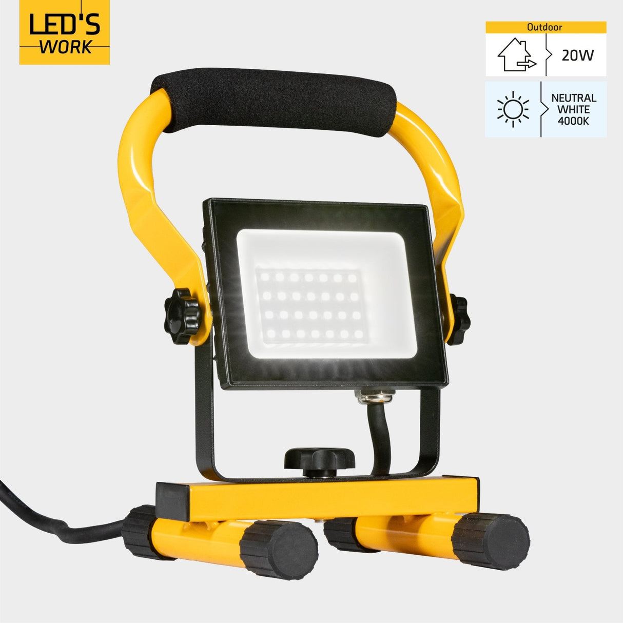Lampe de travail LED 1800 lumens – 20 W – Blanc froid 4000 K – Étanche IP65 – Support réglable – Avec fiche