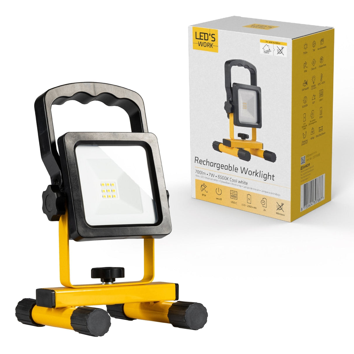 LED Bouwlamp op accu 700 - Oplaadbaar (USB-C) en kantelbaar - Zwart geel