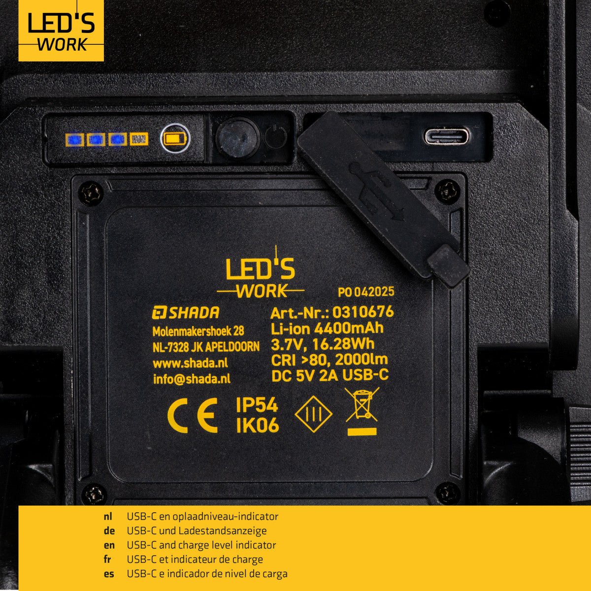 LED's Work 20W LED Bouwlamp oplaadbaar 2000 - Werkt draadloos op accu - Stof- en waterdicht - koelwit 4000K