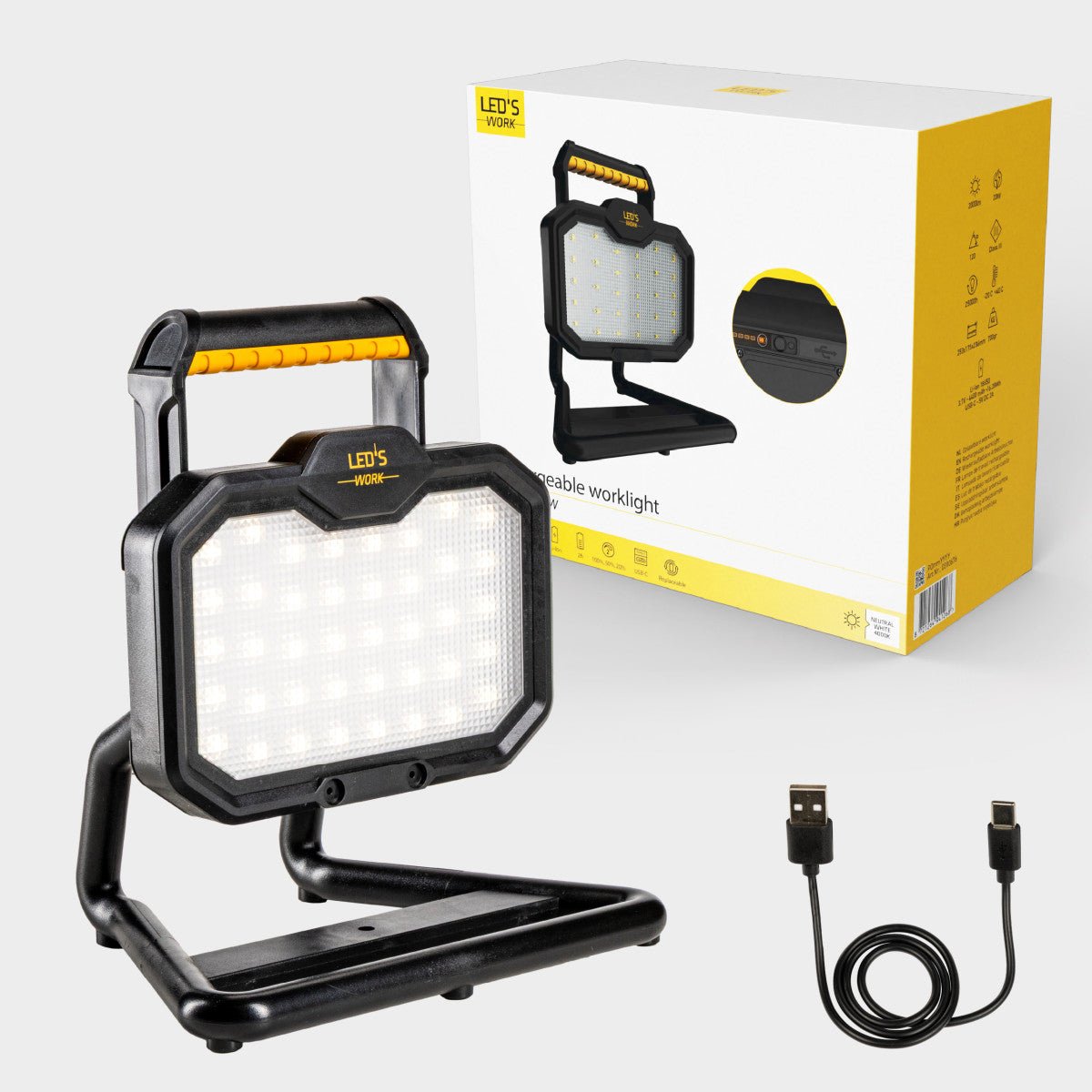 LED's Work 20W LED Bouwlamp oplaadbaar 2000 - Werkt draadloos op accu - Stof- en waterdicht - koelwit 4000K