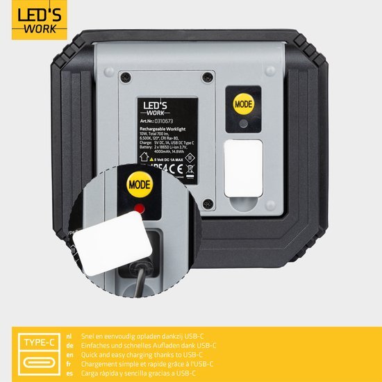 Lampe de travail LED rechargeable - 10 W, 700 lumens - dimmable - sans fil - étanche IP54 - USB-C