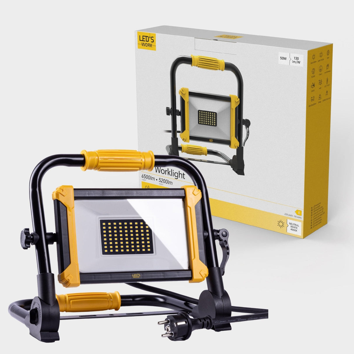 LED Bouwlamp Opvouwbaar - 6500 Lumen - 50W - Koelwit 4000K - IP65 IK08 - Vervangt 500W Halogeen - 5m Kabel
