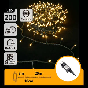 Lichtstring warmwit 23 meter (3+20), 200 LED's, waterdicht IP44, 230VAC, 24V, met timer 6u aan/18u uit