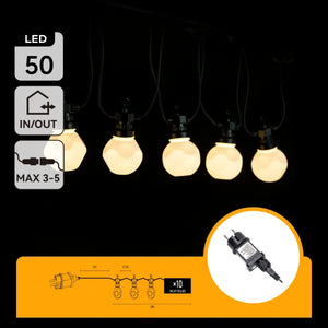 Guirlande lumineuse blanc chaud 8 mètres (3+5) - 10 LED effet givré | protégée contre les projections d’eau IP44 - connectable (5 maximum) | 230VAC - 24V | avec minuterie 6 h allumée/18 h éteinte