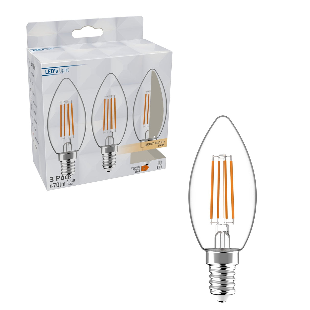 LED Filament Kaars E14 - 470 lumen - Warmwit 2700K - 4,5W - 3 stuks
