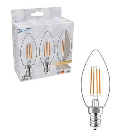LED Filament Kaars E14 - 470 lumen - Warmwit 2700K - 4,5W - 3 stuks