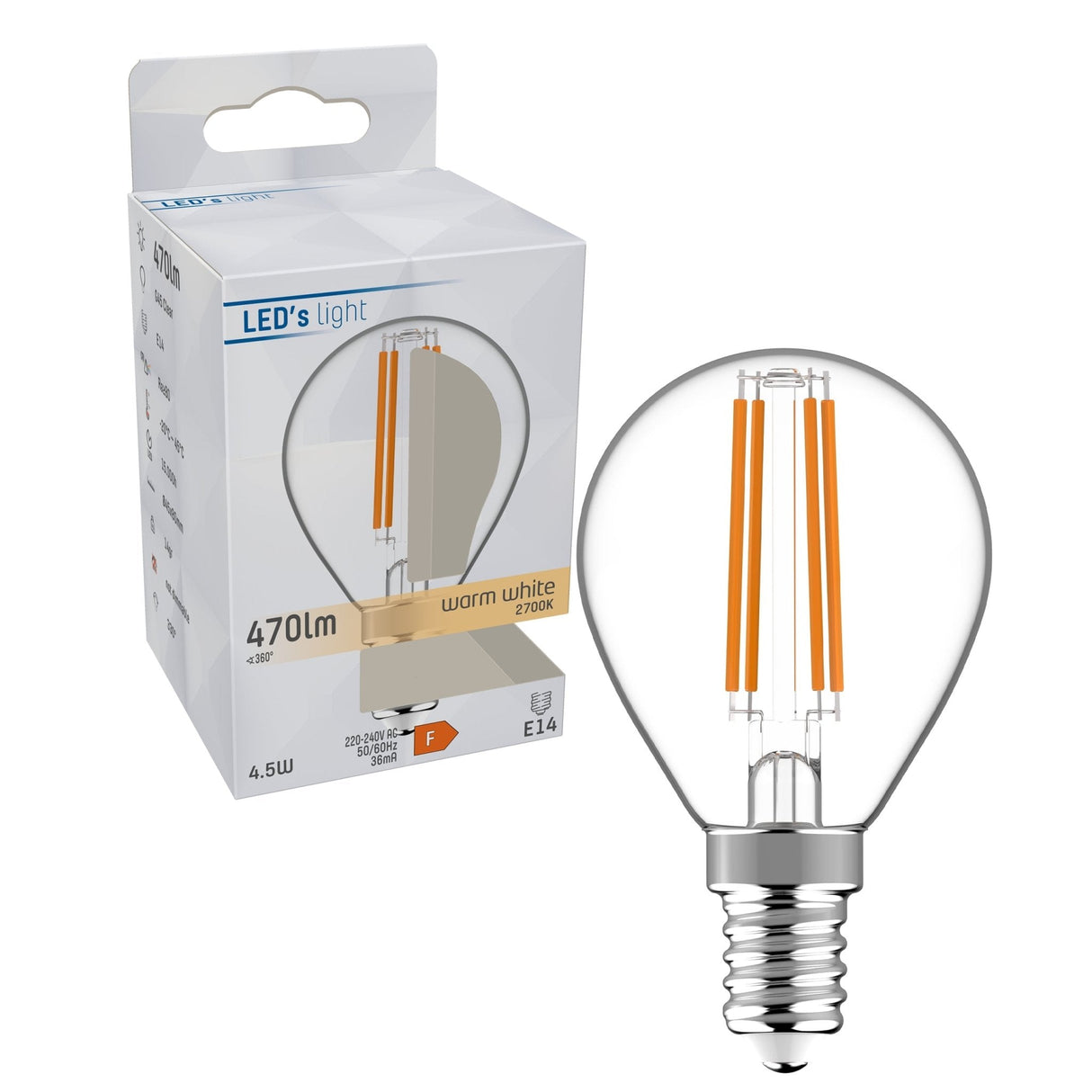 LED filament lamp E14 warmwit 2700K - 4.5W 470 lumen - G45 helder glas