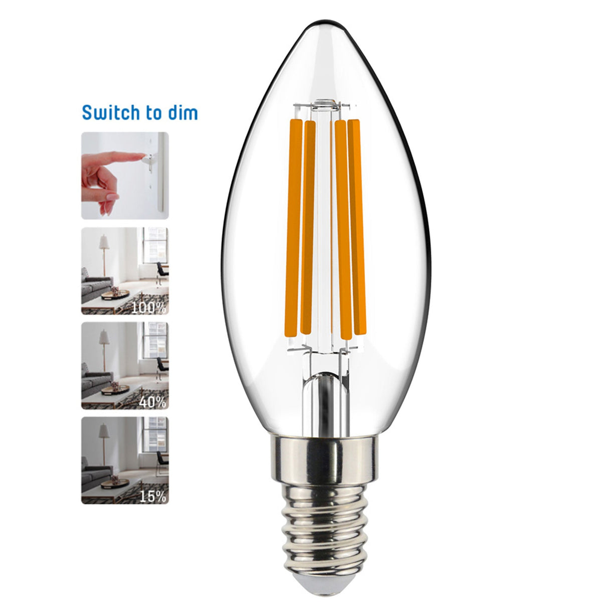 LED kaarslamp E14 dimbaar warmwit 2700K - 4.5W 470 lumen - filament helder glas - dimbaar zonder dimmer