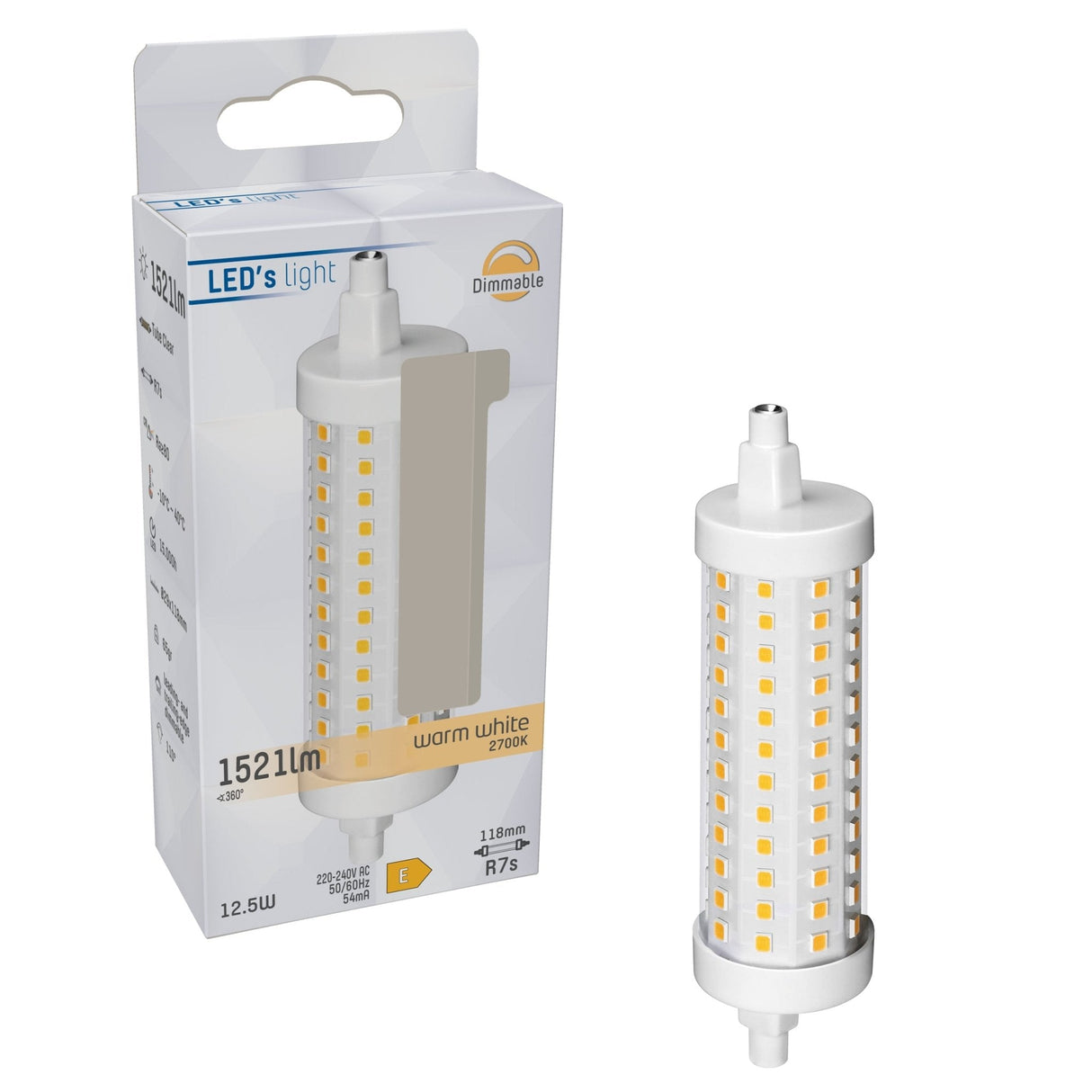 Ampoule LED tubulaire R7s à intensité variable, blanc chaud 2700K - 12.5W 1521 lumens - 118mm verre transparent