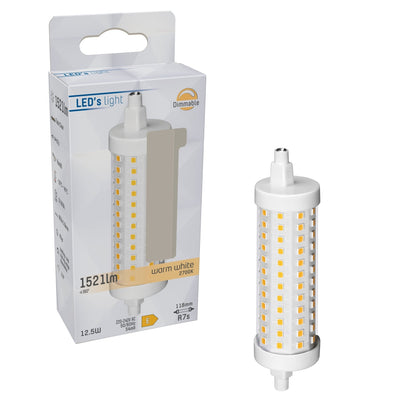 Ampoule LED tubulaire R7s à intensité variable, blanc chaud 2700K - 12.5W 1521 lumens - 118mm verre transparent
