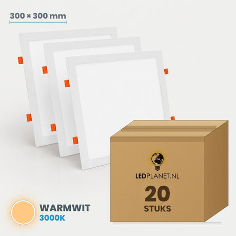 LED downlight vierkant 300 × 300 mm 24W, warmwit 3000K, doos 20 stuks