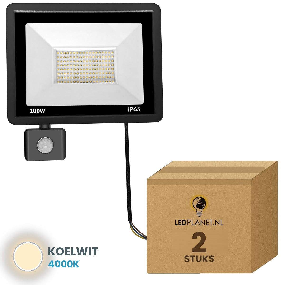 Doos met 2 stuks LED schijnwerper 100W met bewegingssensor, lichtkleur koelwit 4000K