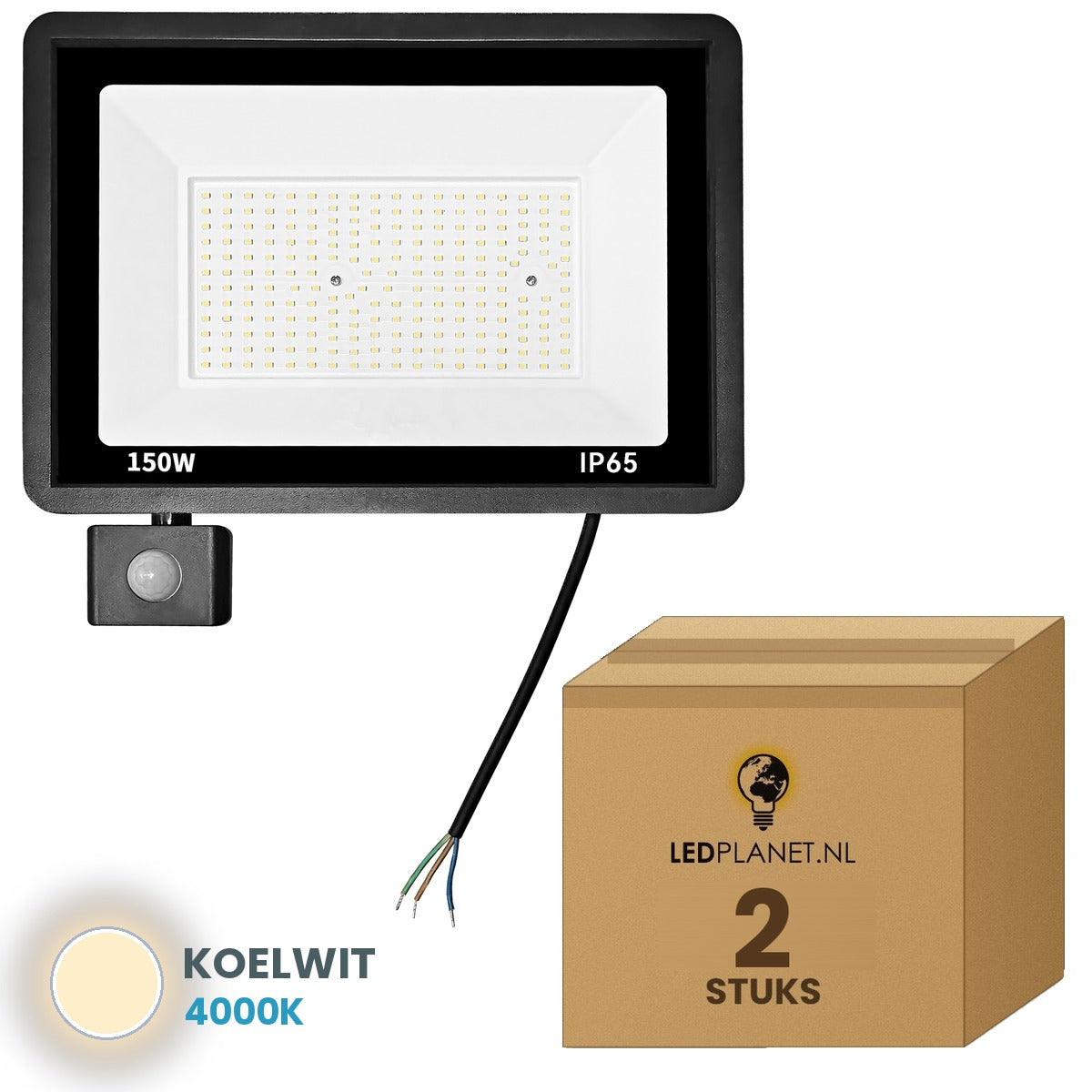 Doos met 2 stuks LED schijnwerper 150W met bewegingssensor, lichtkleur koelwit 4000K