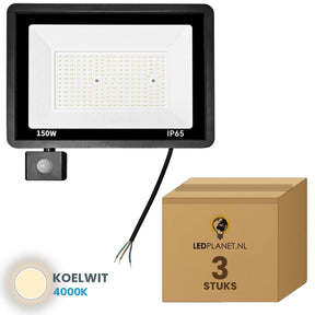 Doos met 3 stuks LED schijnwerper 150W met bewegingssensor, lichtkleur koelwit 4000K