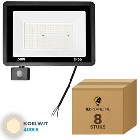 Doos met 8 stuks LED schijnwerper 150W met bewegingssensor, lichtkleur koelwit 4000K