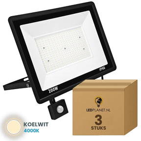 Doos met 3 stuks LED schijnwerper 200W met bewegingssensor, lichtkleur koelwit 4000K