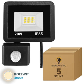 Doos met 5 stuks LED schijnwerper 20W met bewegingssensor, lichtkleur koelwit 4000K