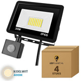 Doos met 4 stuks LED schijnwerper 30W met bewegingssensor, lichtkleur koelwit 4000K