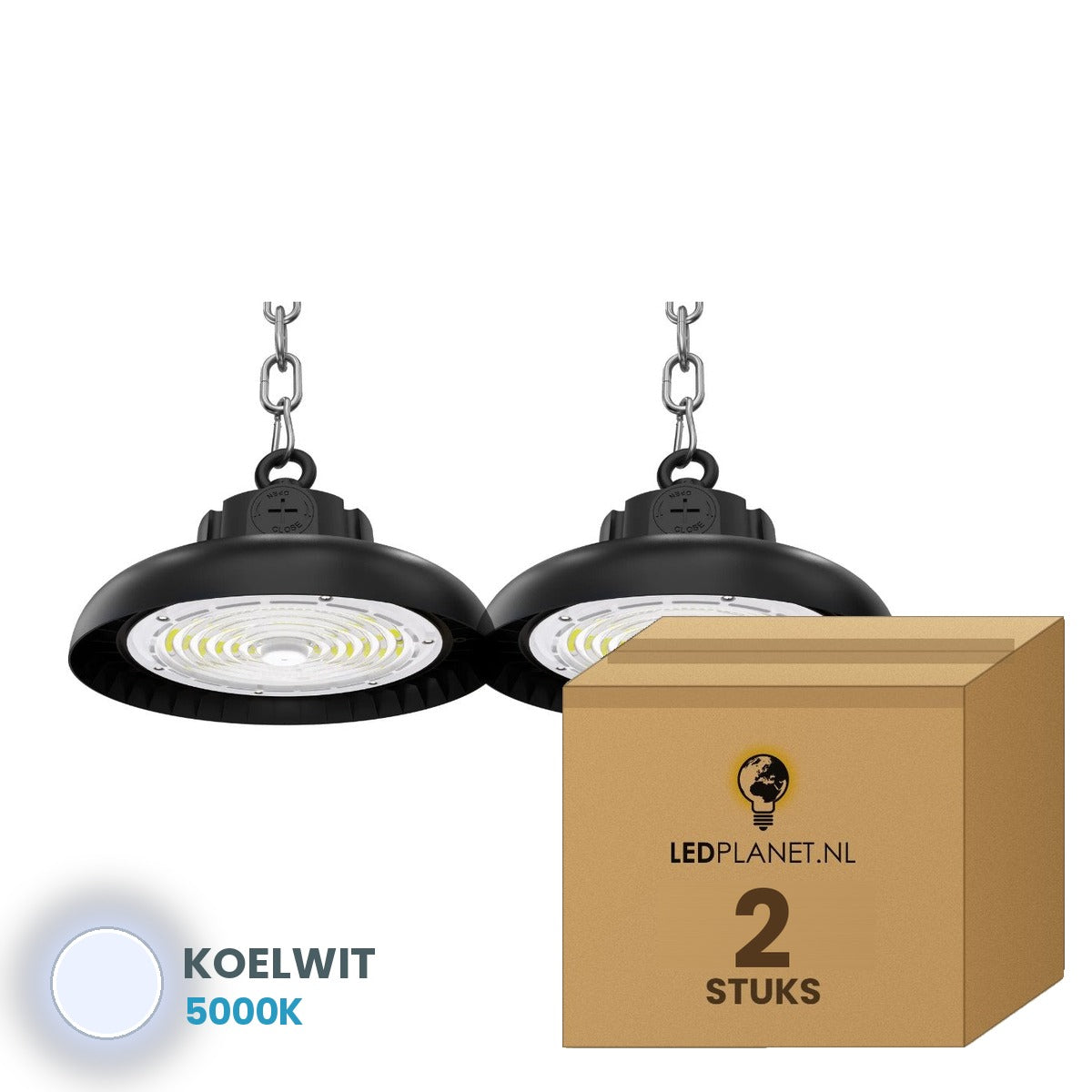 Doos met 2 stuks UFO LED high bay 100W, lichtkleur koelwit 5000K