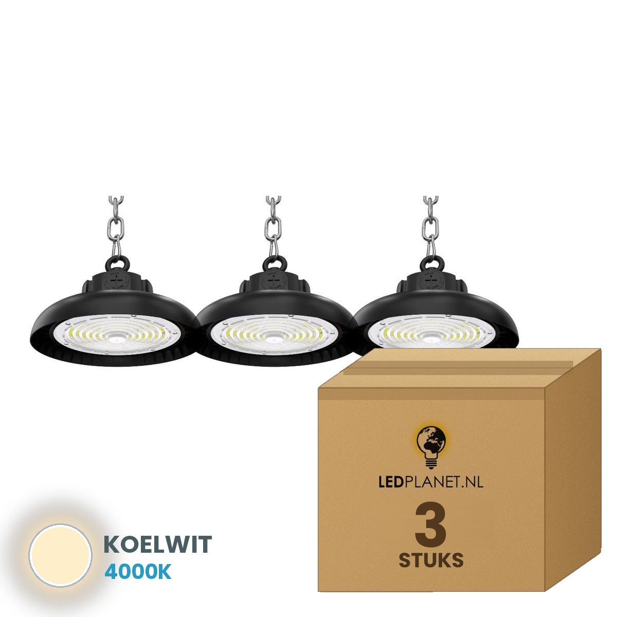 Doos met 3 stuks UFO LED high bay 200W, lichtkleur koelwit 4000K