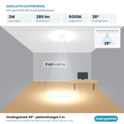 Simulatie lichtbundel LED Spot GU10 3W 285 lm daglichtwit 6000K 38° in een plafondspot