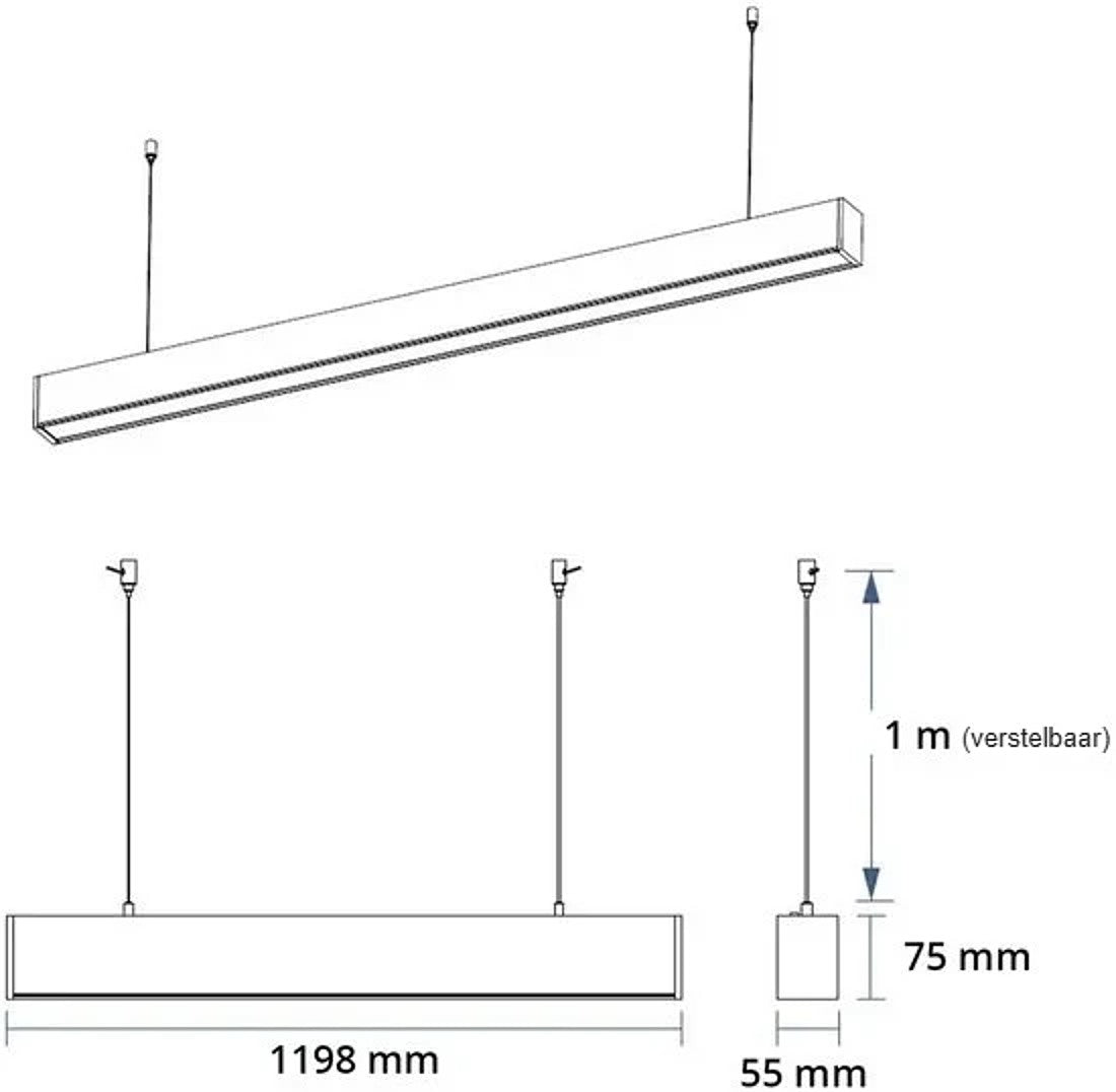 Afmetingen LED lichtbalk 120 cm met ophanging