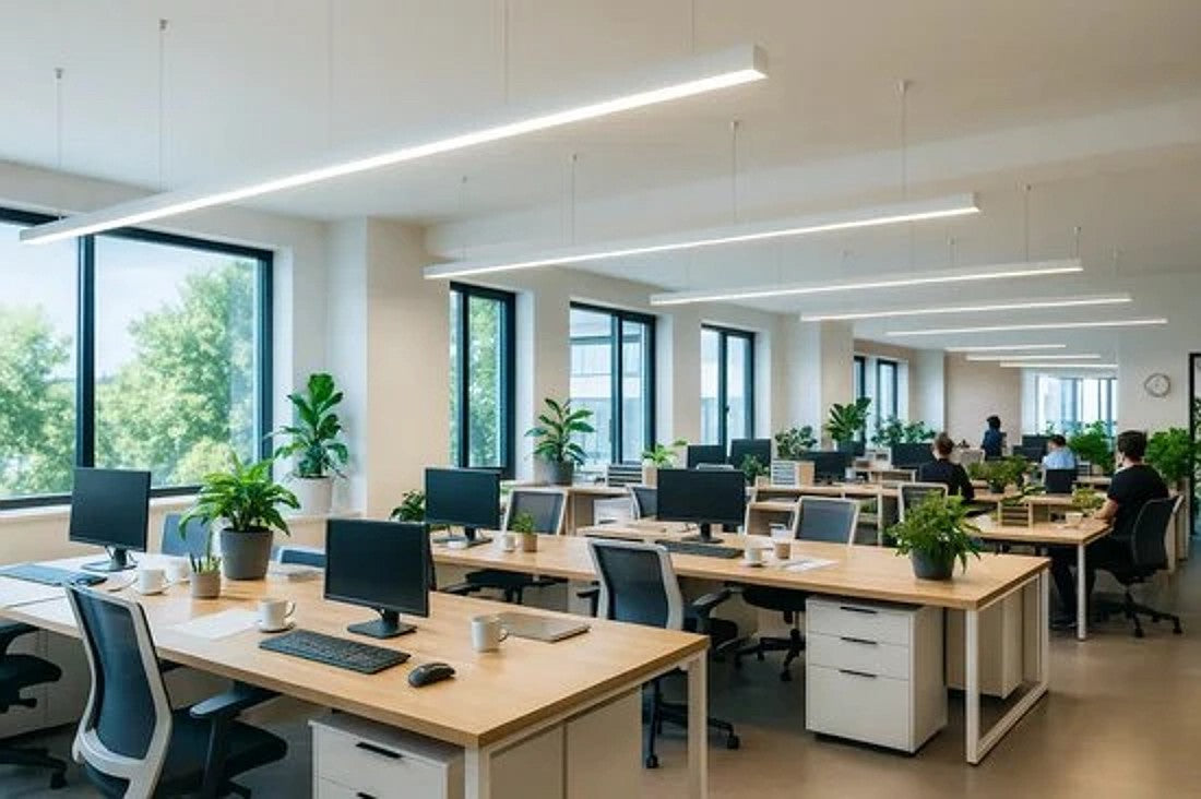 LED lichtbalken boven bureaus in kantoor