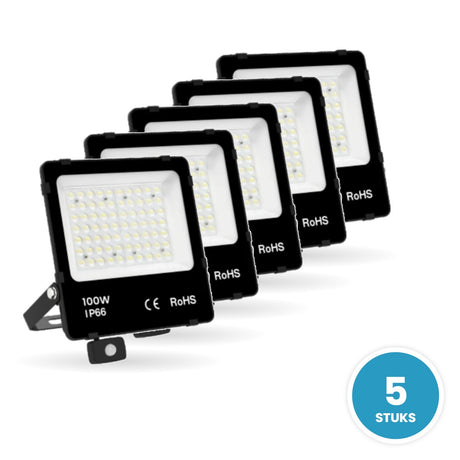 LED Schijnwerper 100W, 15.000 lm, Bewegingssensor, 90°, IP66, 5 stuks