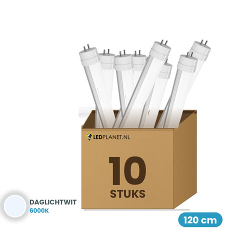 10 stuks LED TL buis T8 120cm 18W 3.600 lm 200 lm/W Daglichtwit 6000K draaibare eindkappen