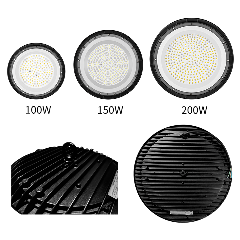 UFO LED High Bay formaten 100W, 150W en 200W, met koelribben aan de achterkant