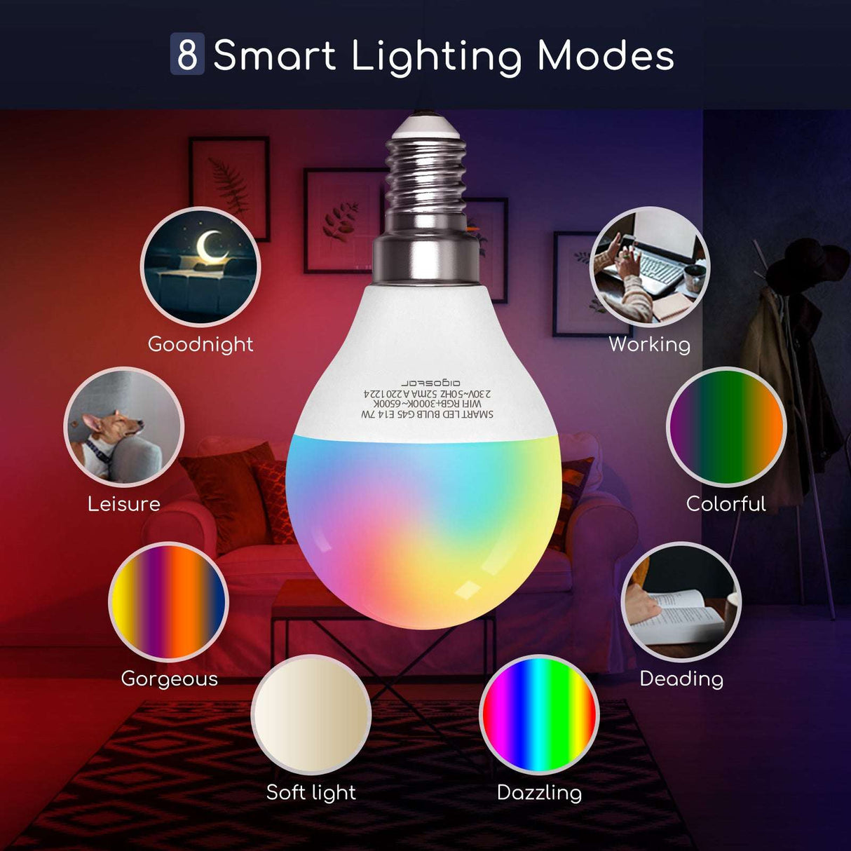 E14 slimme LED lamp wifi met 8 slimme verlichtingsmodi en kleurrijke effecten voor sfeervolle verlichting