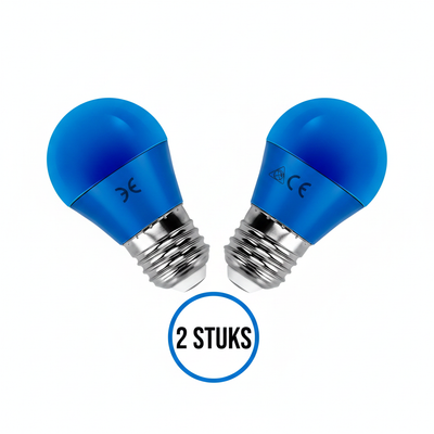 Gekleurde lamp E27 blauw, kogellamp grote fitting, LED 4W, 2 stuks